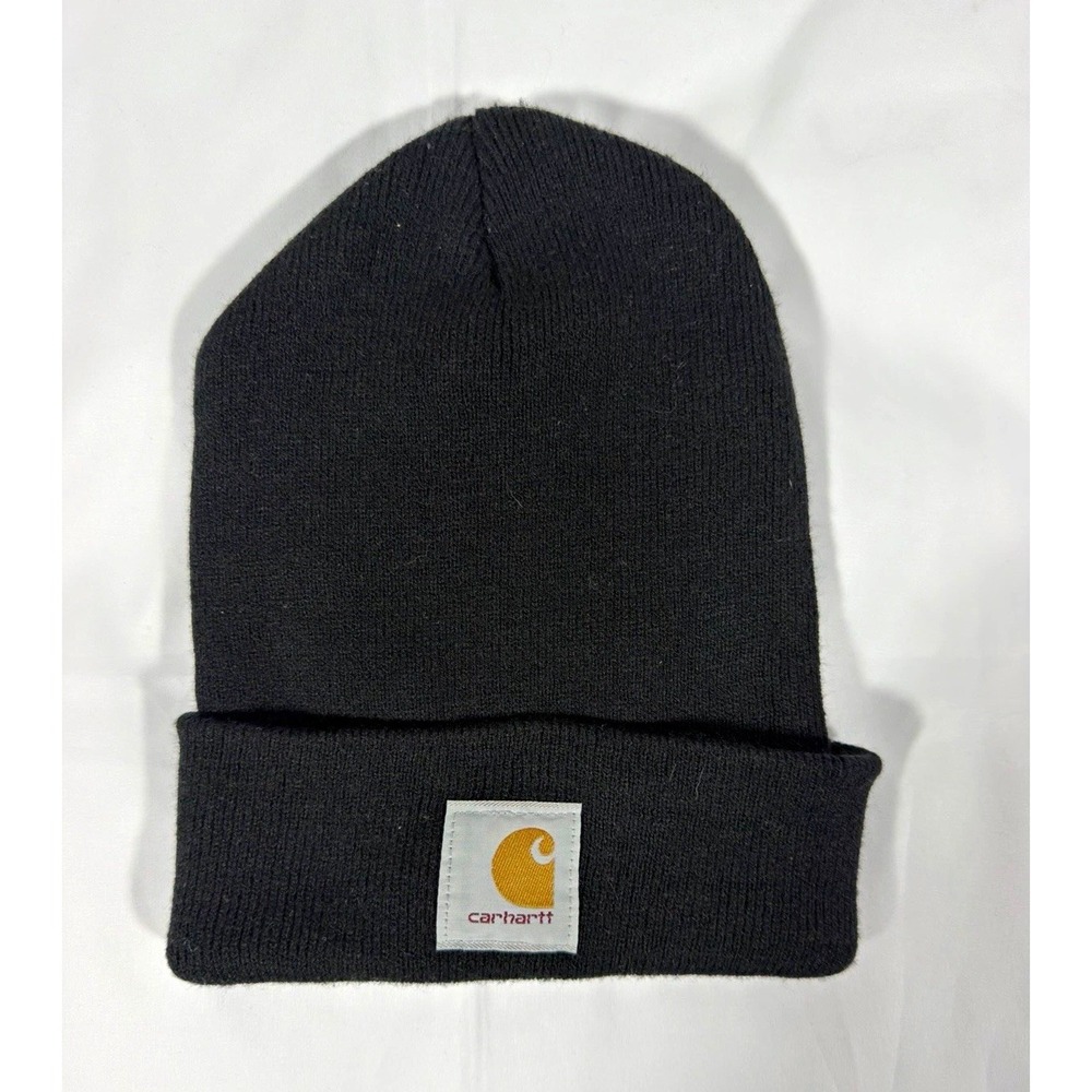 Carhartt Black Knit Acrylic Cuffed Beanie Hat Logo Winter Fall Unisex One Size